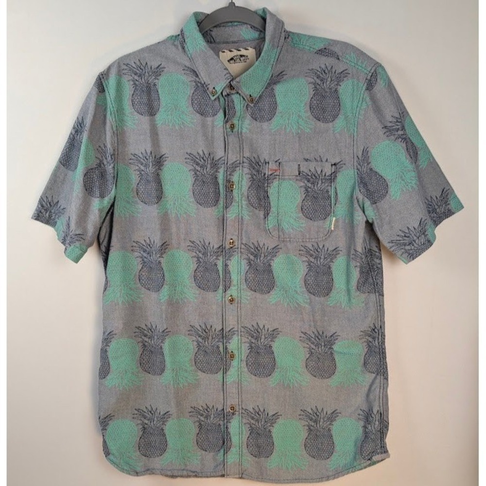 Vans Off The Wall Shirt Mens L Blue Pineapple Short Sleeve Button Down